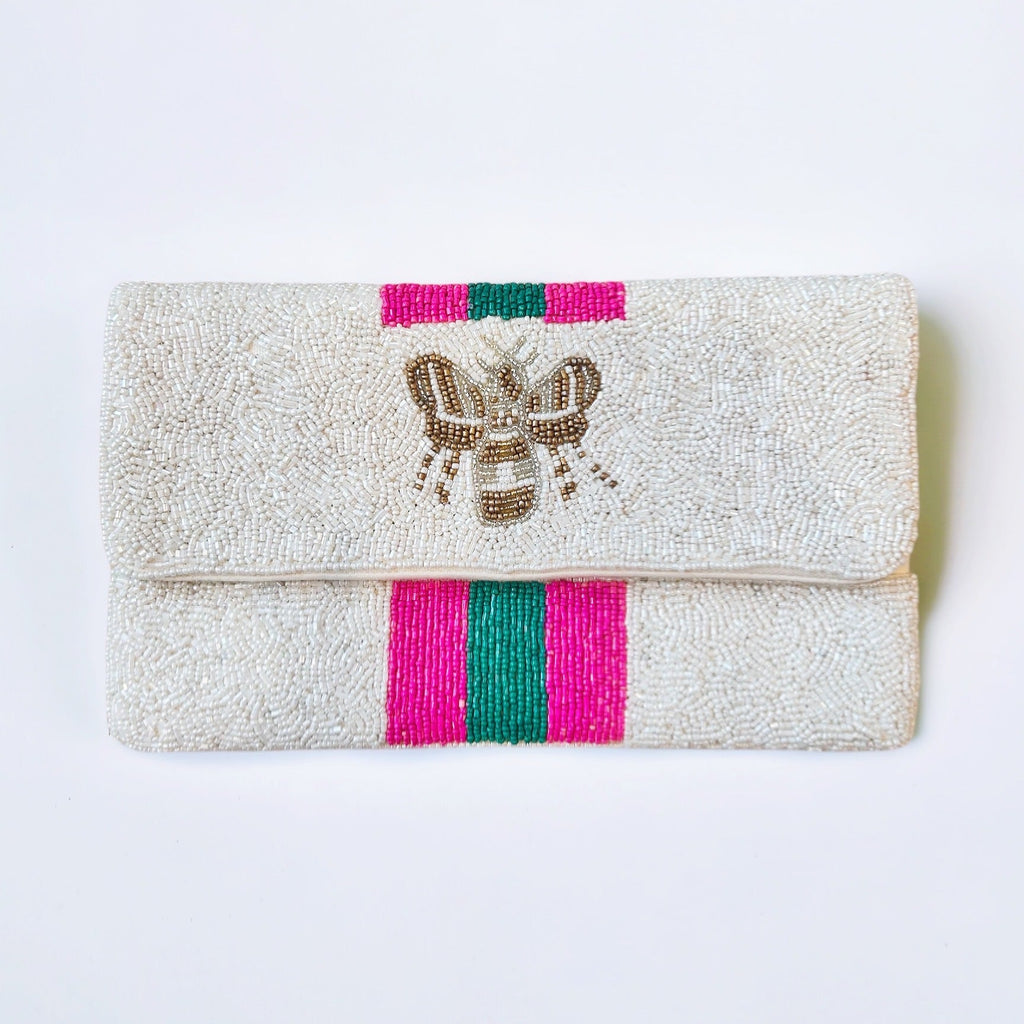 Beaded White, Pink & Green Bee Purse - Girl Be Brave