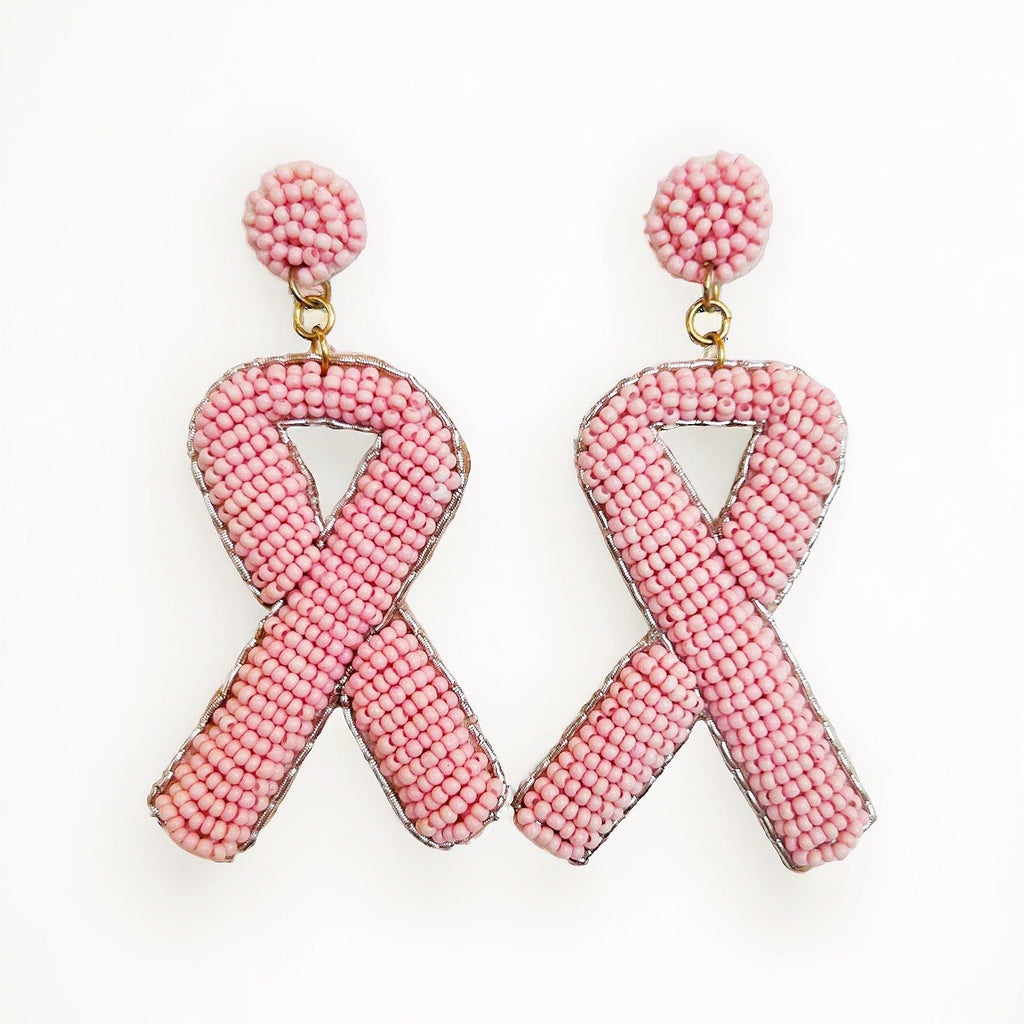 Pink Beaded Breast Cancer Ribbon Earrings - Girl Be Brave