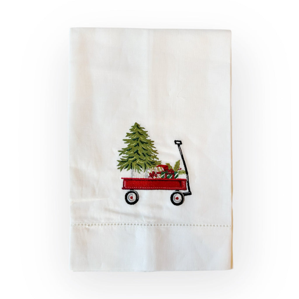 Red Wagon Christmas Tree Embroidered Tea Towel - Girl Be Brave