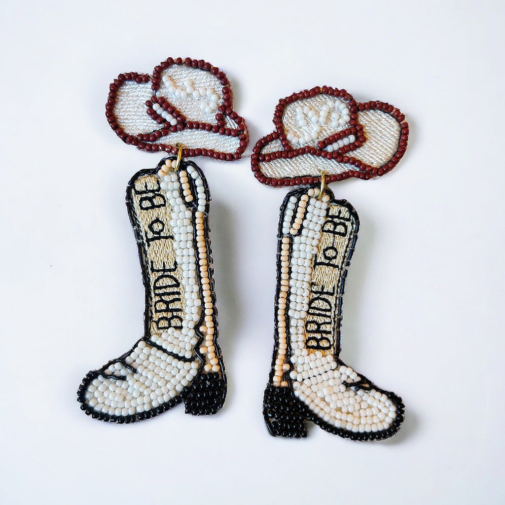 White Beaded "Bride to Be" Cowgirl Hat & Boots Earrings - Girl Be Brave