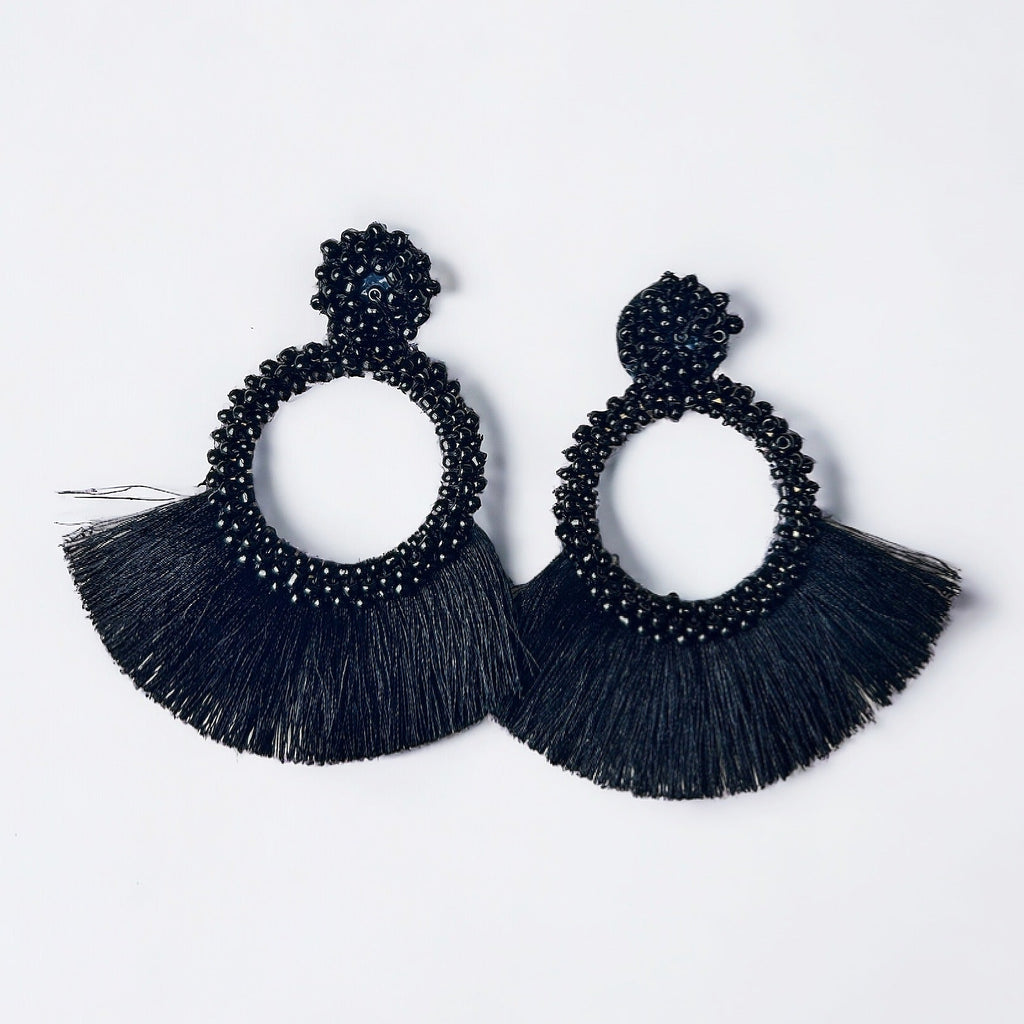 Black Beaded Fringe Earrings - Girl Be Brave