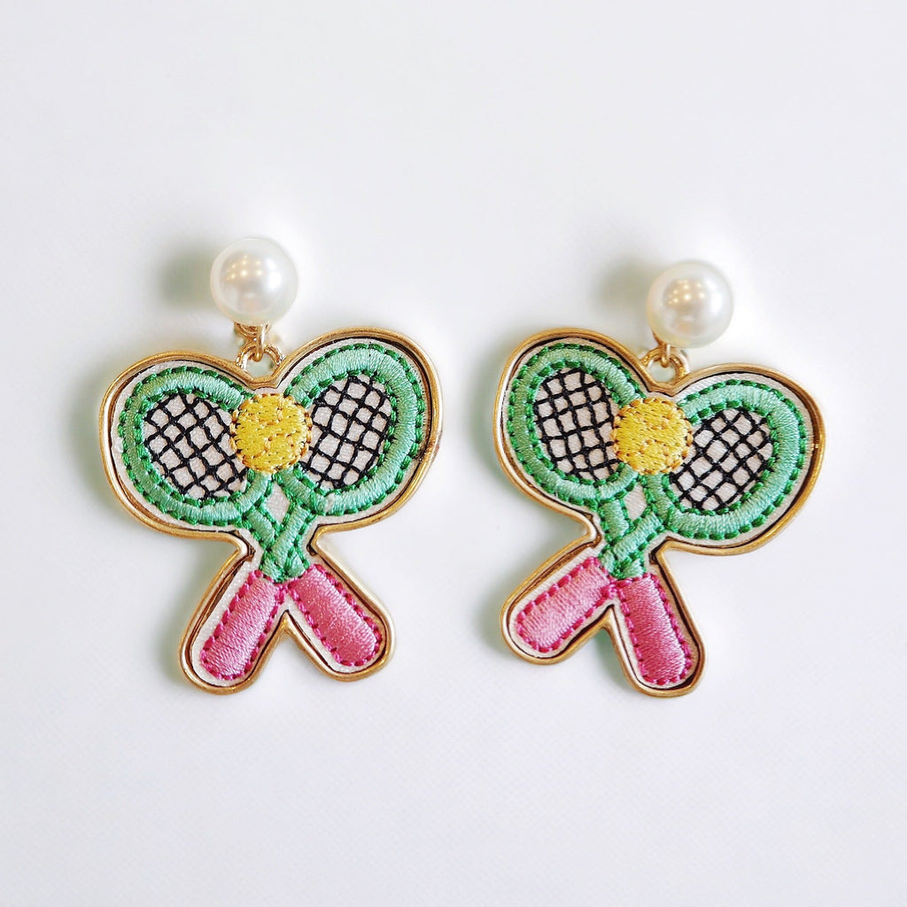 Embroidered Pearl & Gold Tennis Racket Earrings - Girl Be Brave