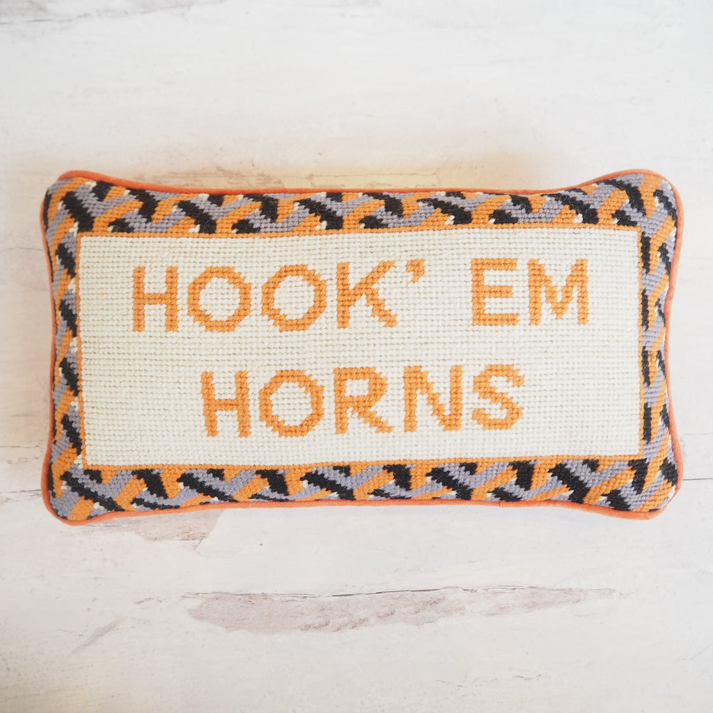 Girl Be Brave Needlepoint Hook' Em Horns Pillows - Girl Be Brave