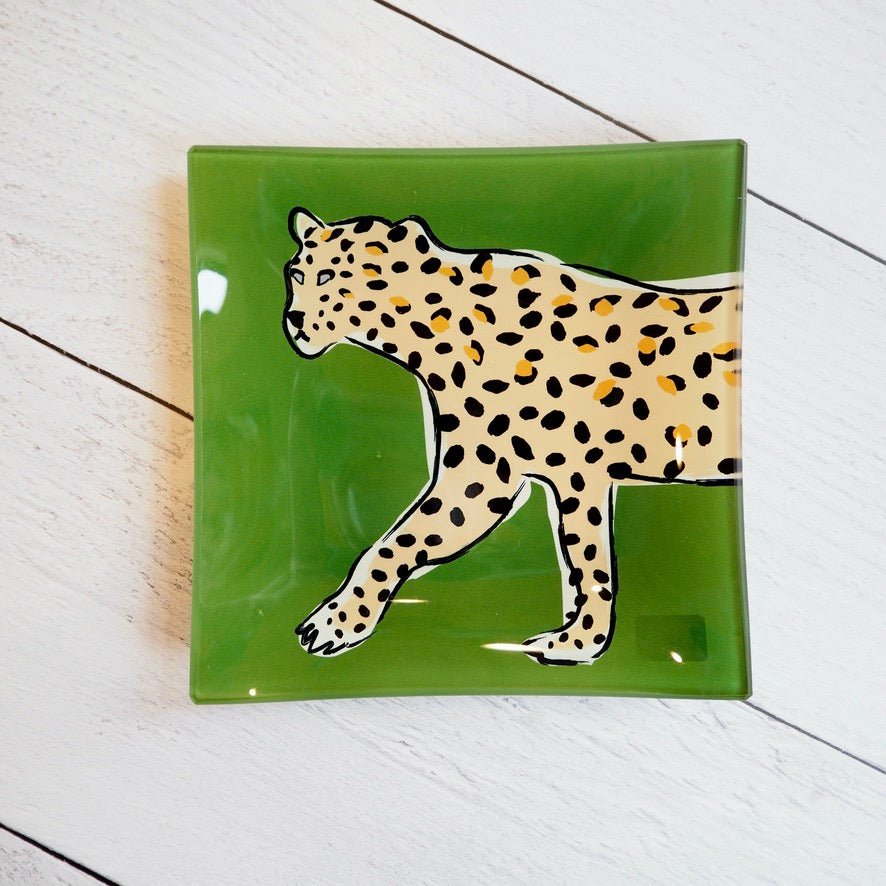 Green Square Cheetah Glass Tray - Girl Be Brave