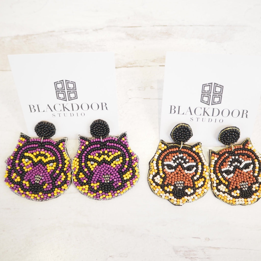 Small Beaded Purple & Brown Tiger Earrings - Girl Be Brave