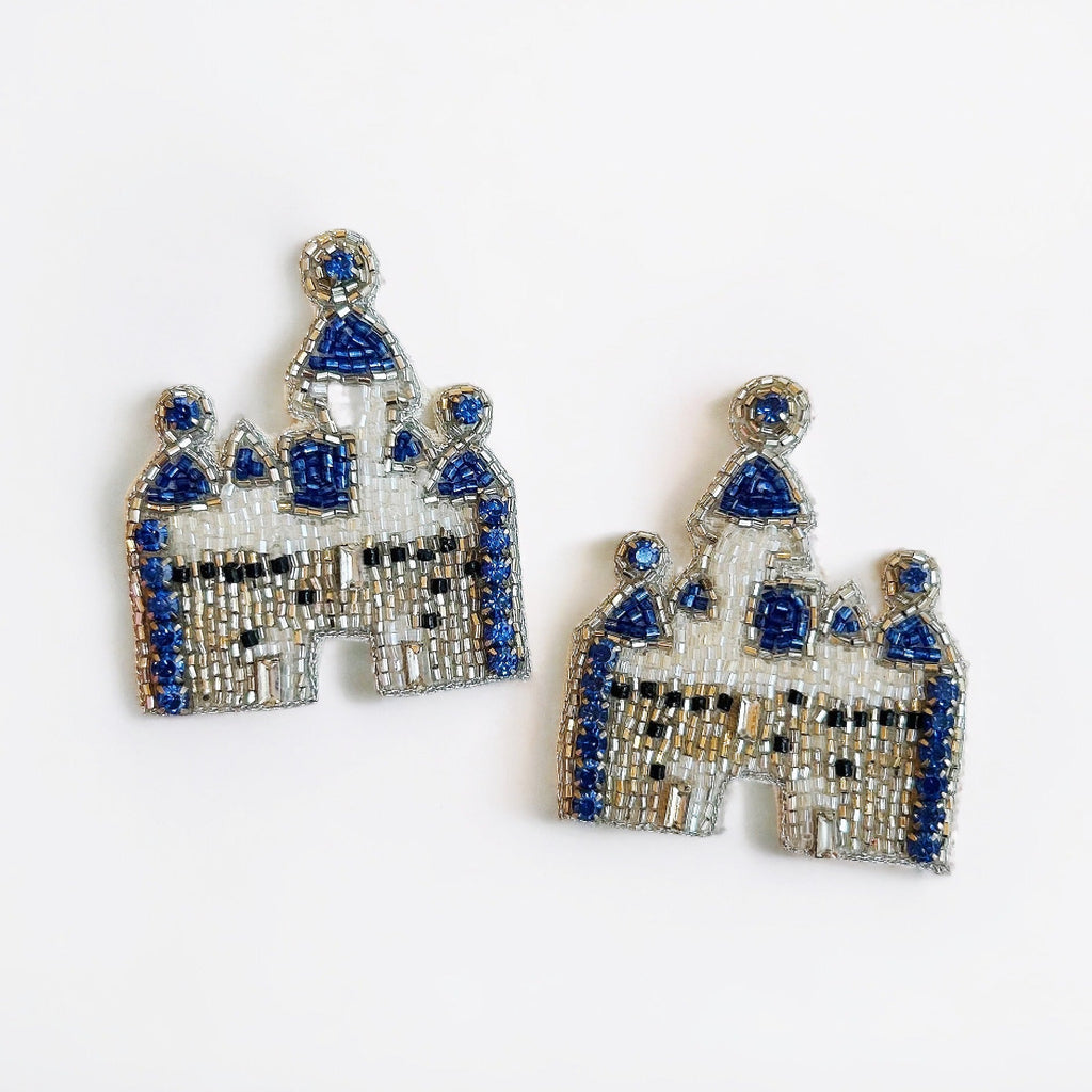 White & Blue Beaded Castle Earrings - Girl Be Brave