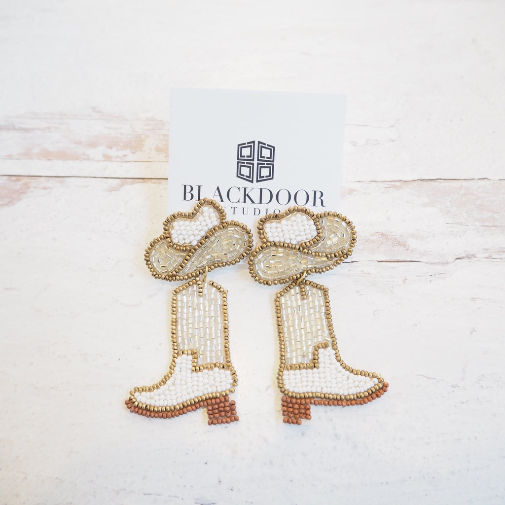 White Sparkly Beaded Cowboy Boot Earrings - Girl Be Brave